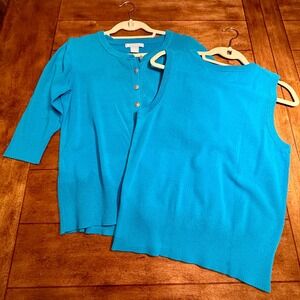 Fresh Twist Blue 3/4 Sleeve Cardigan & Sleeveless Sweater Top Women's Size L